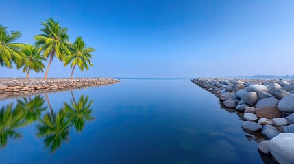Serene Tropical Landscape With Palm Trees Reflected In Calm Water Under A Clear Blue Sky