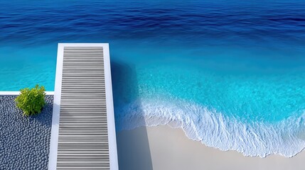 Serene Wooden Dock Extending Into Turquoise Ocean Waters With Gentle Waves Washing Ashore A Sandy Beach Overcast Lighting Gentle Sun Shadows