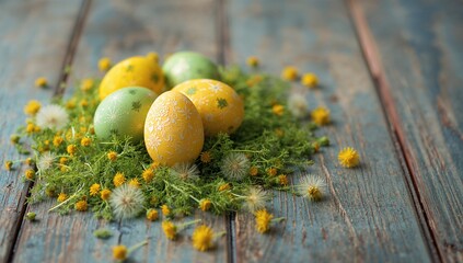 Easter yellow and green eggs surrounded by vibrant spring dandelions, rustic setting with vintage wooden backdrop, seasonal celebration