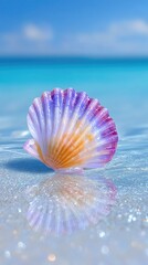 Sparkling Seashell Resting on Shimmering Wet Sand Near Turquoise Ocean Water Under a Clear Blue Sky