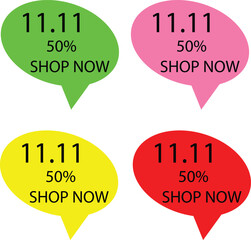 Colorful speech bubbles with "11.11", "50%" and "SHOP NOW" for sales.