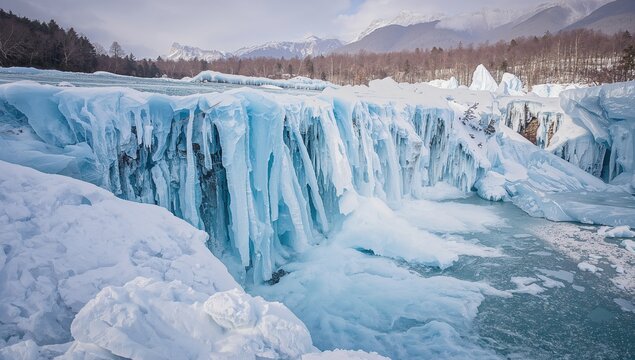 Frozen waterfall with blue ice, highlighting seasonal change