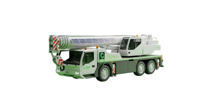 Modern mobile crane with solar panels atop the boom, rendered with a futuristic design aesthetic.