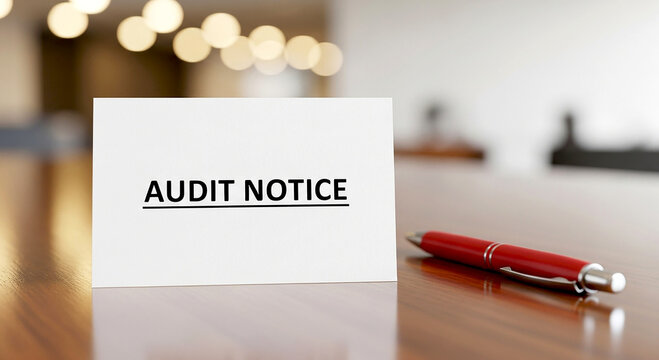 Audit notice card with a red pen on a wooden table in a blurred office environment background scene