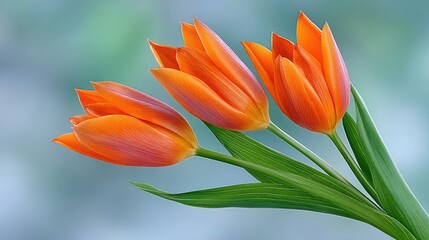 Three vibrant orange tulips with water droplets glistening on petals in soft green bokeh background macro photography