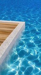 Top Down Aerial View of a Tropical Poolside Deck Bordered by Bright Blue Sparkling Water With Sunlit Reflections and Textured Wooden Decking