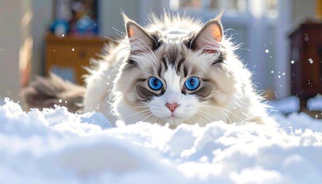 A fluffy, long-haired feline with striking blue eyes is captured in a sunlit, snowy setting, looking directly at the viewer - Powered by Adobe