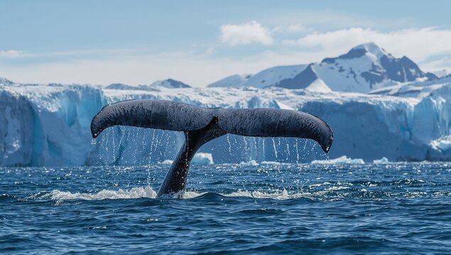 A humpback whale's tail emerging from ocean waters, showcasing the glacial backdrop, erosion risk