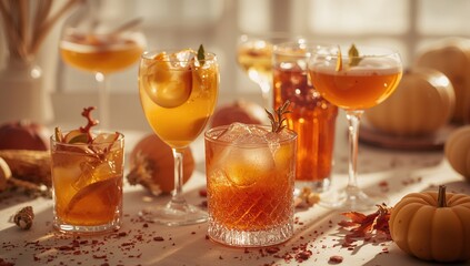 Fototapeta na wymiar Assortment of autumn-inspired apple cider beverages for brunch in a bright and airy environment