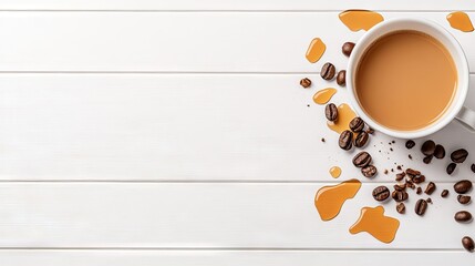 Coffee cup tipped over on white wooden floor spilling liquid and beans creating a chaotic yet artistic mess