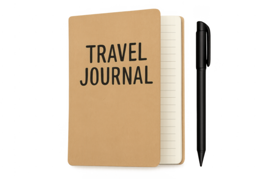 Travel journal notebook with pen on transparent background