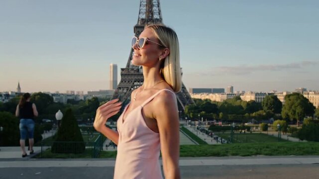 happy girl with elegant clothes visiting eiffel tower paris lifestyle