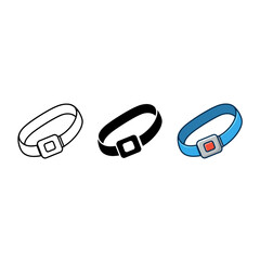 Set of vector icons illustrating a seat belt or safety belt in outline, solid black, and colored styles, representing security, transport, and travel safety.
