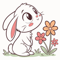 Cute cartoon vector illustration of a happy rabbit bunny pet with a flower for Easter design