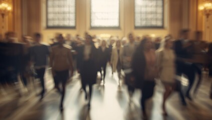 Blurred figures in a spacious hallway, illustrating urban movement and anonymity