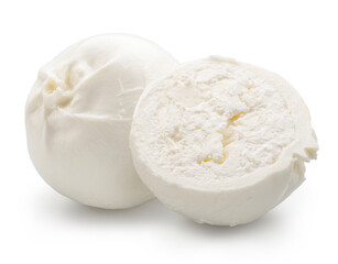 Ball of burrata cheese and cross cut of burrata with stracciatella and clotted cream inside on white background. File clipping path.