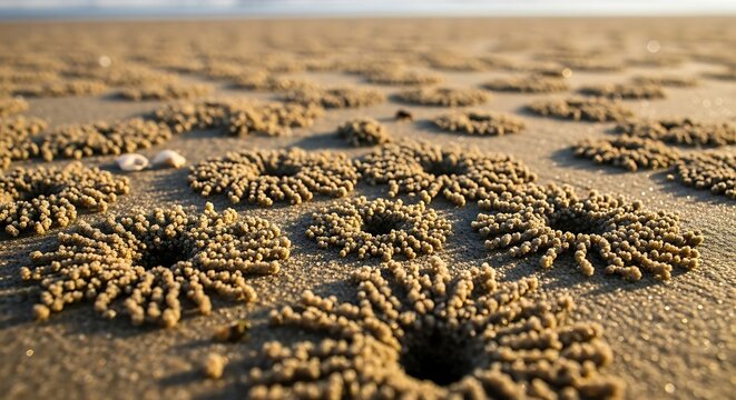Close-up view of sand bubbler crab burrows on the beach.