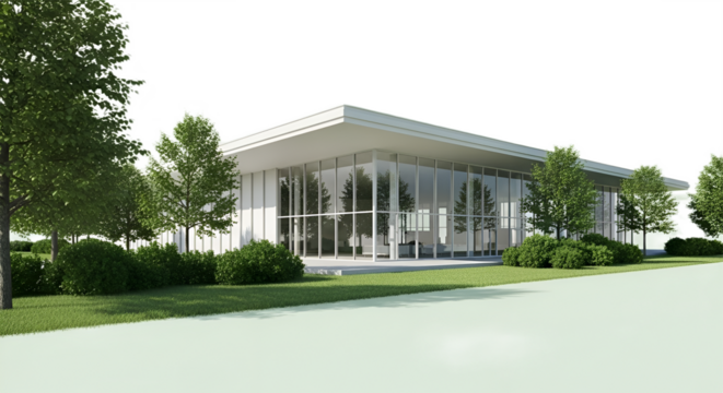 Modern building with glass facade surrounded by trees and green grass on a sunny day outdoors.