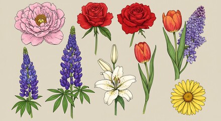 Collection of Beautiful Assorted Flowers in Various Colors and Types.