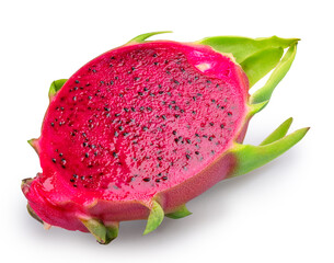 Red pitahaya or red dragon fruit whole and cut in half on white background. File contains clipping path.