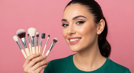 Beautiful woman holding makeup brushes smiling on a pink background