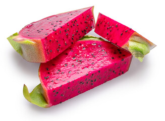 Red pitahaya or red dragon fruit slices on white background. File contains clipping path.