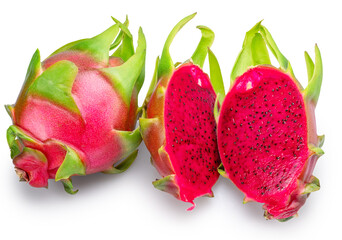 Red pitahaya or red dragon fruit whole and cut in half on white background. File contains clipping path.