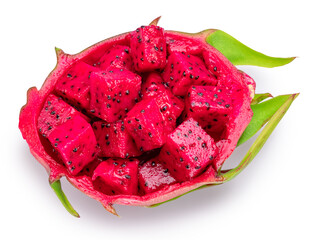 Red pitaya or red dragon fruit cubes in half of fruit skin on white background. File contains clipping path.