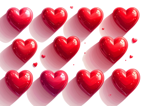 Floating Red Hearts with Soft Shadows, Vector Love Reaction Icons, Transparent Background
