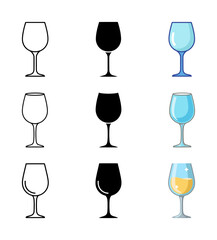 Collection of vector wine glass icons and illustrations in line, solid black, and colored styles, including empty and full, for beverage, celebration, and bar concepts.