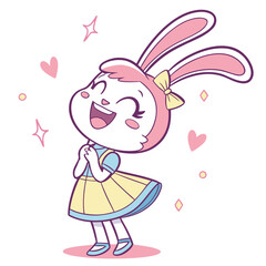 Cute cartoon baby rabbit in a pink dress illustration with a sweet heart for a fun Easter holiday card