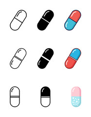 Medical Capsule Pill Icon Set: Outline, Black Glyph, and Various Color Illustrations for Pharmacy, Health Care, Medicine, and Treatment Concepts