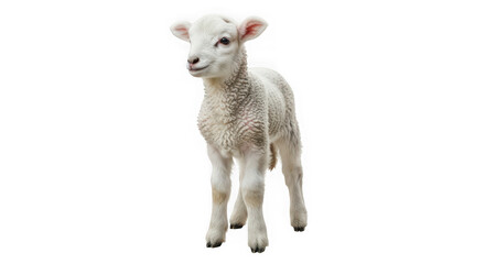 Fototapeta premium A curious young white lamb with soft wool stands gracefully.