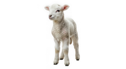 A curious young white lamb with soft wool stands gracefully.