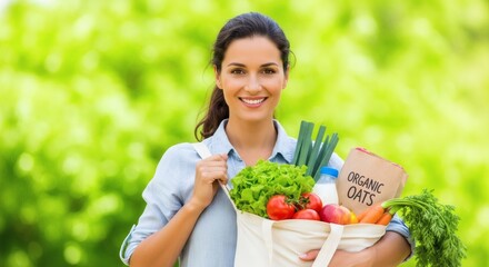 Woman smiling with a bag of fresh organic groceries outdoors on a sunny day