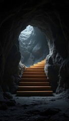 Stairway to light A serene image of steps leading up and out of a dark cavern, towards a bright, unknown destination