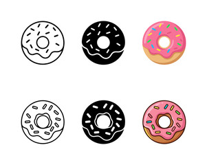 Sweet Donut Dessert Icon Set: Outline, Solid Black, and Colorful Cartoon Illustrations for Bakery, Food, Snack, Glaze, and Sweet Treat Concepts
