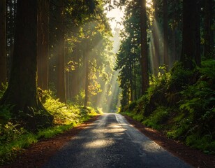 Obraz premium A forest road is illuminated by sunlight filtering through the canopy, creating a path through lush greenery