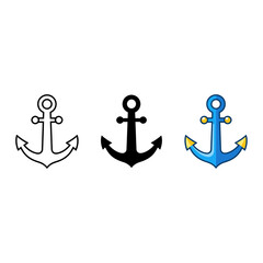 Ship Anchor Icon Set: Outline, Solid Black, and Colorful Cartoon Illustrations for Maritime, Sailing, Security, Navy, and Stability Concepts