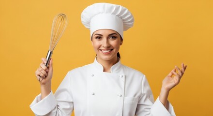 Smiling female chef holding a whisk on a yellow background