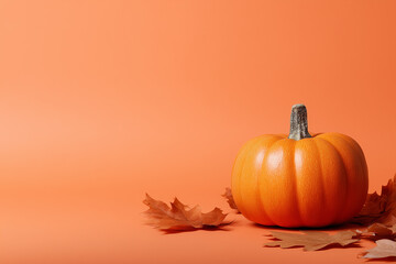 Bright orange pumpkin with autumn leaves on an orange background for seasonal decoration ideas