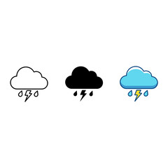 Storm Weather Icon Set: Outline, Solid, and Color Vector Illustrations of Cloud, Rain, and Lightning for Meteorological and App Design