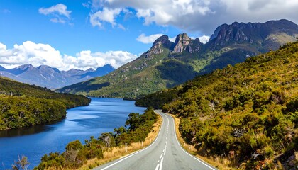 Scenic landscape featuring a winding road, leading toward majestic mountains framing a serene lake under a bright, cloudy sky