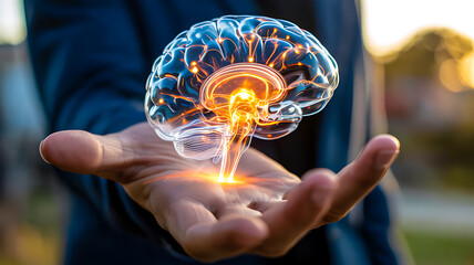 Businessman holding glowing holographic human brain representing artificial intelligence, innovation, digital technology, creativity and futuristic science concept