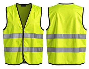  - Front and Back View of High-Visibility Safety Vest in Neon Yellow, isolated on transparent background”