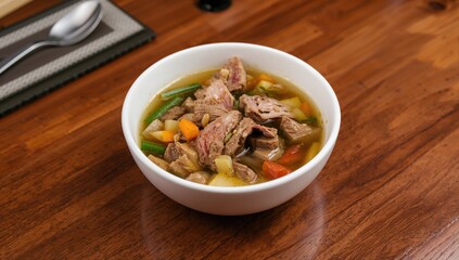 Savory beef and vegetable soup presented in a bowl on a desk, protein-rich meal