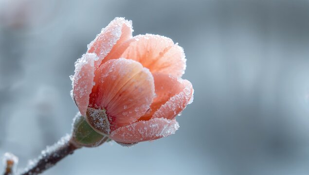 Closeup of frozen peach blossom, showcasing winter's icy grip on flora - Powered by Adobe