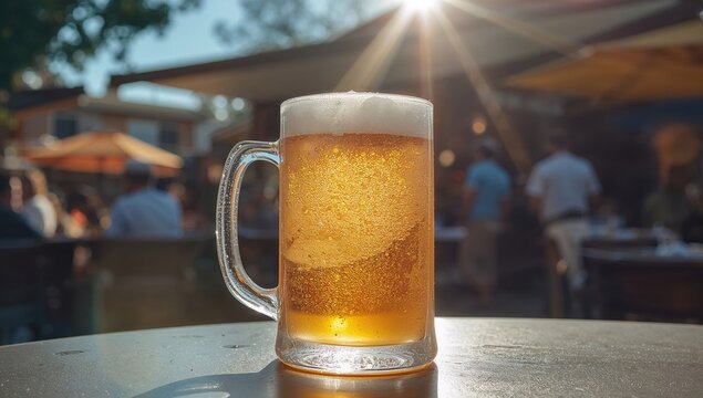 Chilled beer served in a mug during summer in an outdoor setting, refreshing beverage choice