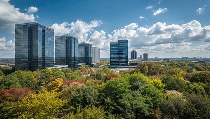 Business park with tall office buildings surrounded by trees on a sunny summer afternoon, promoting urban density