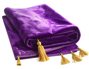 - Folded Purple Velvet Prayer Mat with Tassels, isolated on transparent background”